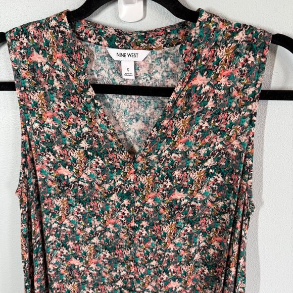 Nine West Womens Ditsy Floral Sleeveless Dress Small V-Neck Drop Waist Ruffle - Picture 2 of 11